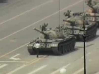 Full clip of the Tiananmen man and the tank to dunk on people linking the photo of that dude and saying that he was crushed or something.