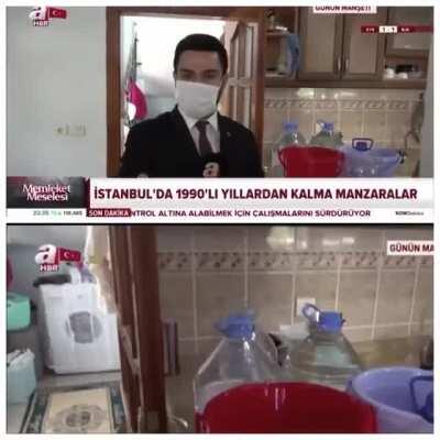 A Haber İstanbul'da su kesildi diye haber yayınlarken, muhabirin arkasında çalışan çamaşır makinesi yüzünden onların yalanı ortaya çıktı.