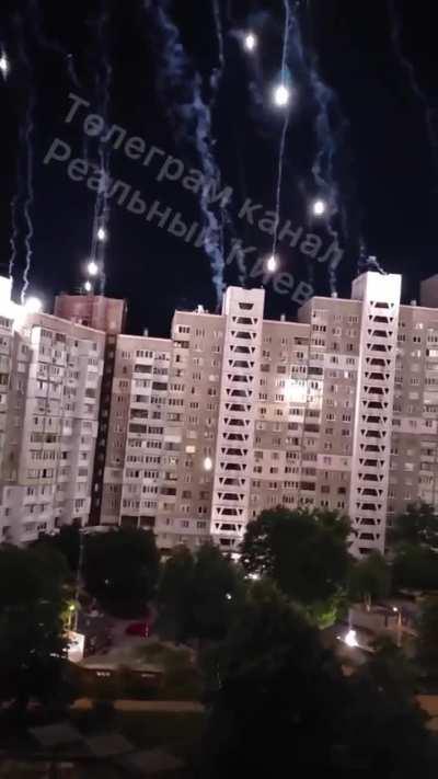 Shahed drone destroyed over Kyiv, Drone debris can be seen/heard falling onto apartment buildings