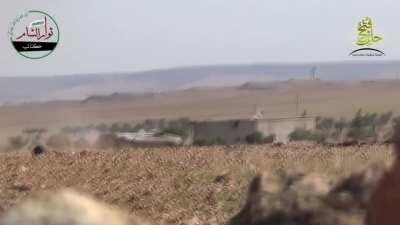 Syrian Army BMP wanders into a gauntlet of anti-tank missiles, dodging two but eating a third - Aleppo - 2015