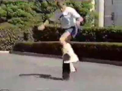 Rodney Mullen, freestyle skateboarder in Japan. 1984.