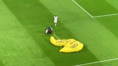 Flying pitch invader from Greenpeace at France Germany match