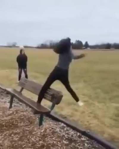 while I try to jump over this bench