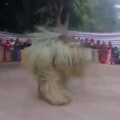 The Zangbeto is a ritualistic Gambian dance wherein the dancer is cloaked in palm fronds from head to toe