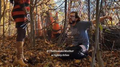 The Domme Mother kicks a helpless handcuffed Atlas in BOOTS. Public outdoor Freddy Krueger clip 😈