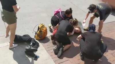 Columbus today: Police struck a young man, knocking him to the ground and macing him before stealing his prosthetic legs so he couldn’t escape. Video shows the aftermath, after demonstrators retrieved his legs from police. They call for a medic as he writ