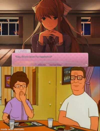 Hank Hill looks up at Monika before spitting facts