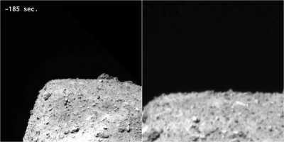 Japanese spacecraft Hayabusa2 shooting a cannon at an asteroid. The impact created a 17m-wide artificial crater on the surface. Spacecraft later descended into the crater and grabbed &quot;fresh&quot; samples from asteroid's subsurface. Hayabusa2 is currently on it