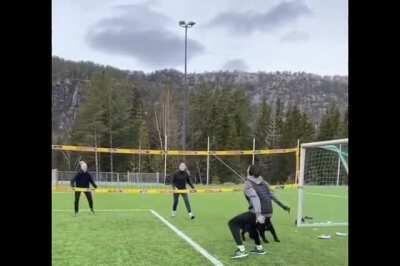 Humans roping in dog for a game of volleyball