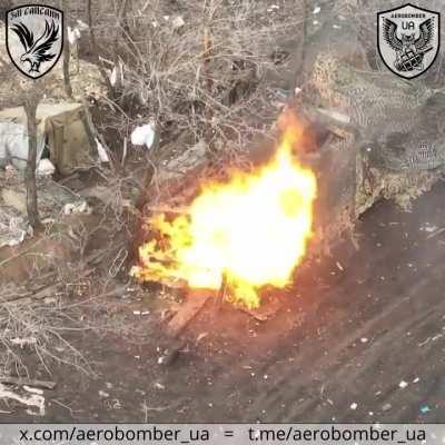 Piles of Russian infantry supplies go up in flames by the 30th Mechanized Brigade’s “Aerobomber” | “Angry Peregrines” drone team