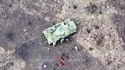 Ukrainian FPV drone takes out Russians hiding behind an out of action MT-LB. November 2023.