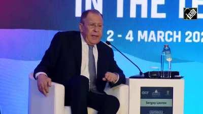 The audience breaks into laughter when Lavrov tells his top joke: “the war was launched against russia”