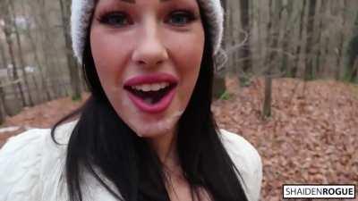 Swallowing cum in the forest