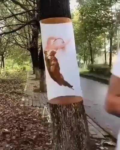 This artist creating a piece of art that blends in perfectly with reality