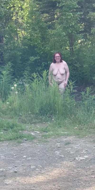 Wifey running nude in our driveway 