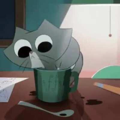 Animated cat goes in coffee cup