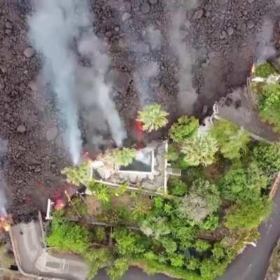 Insane footage from Spain's La Palma volcano shows black lava swallowing pools, homes on its way to coast