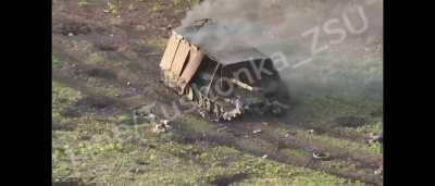 Multiple burning Russian vehicles in clear footage. At the end, a wounded russian soldier tries to shoot himself.