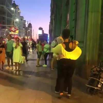 Busker joins old chap dancing