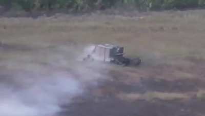 Russian T-72 turtle tank with a mine trawl detonates six mines before being immobilized, after this an FPV drone hits the tank and the crew starts fleeing, Lyman direction [September 2024]