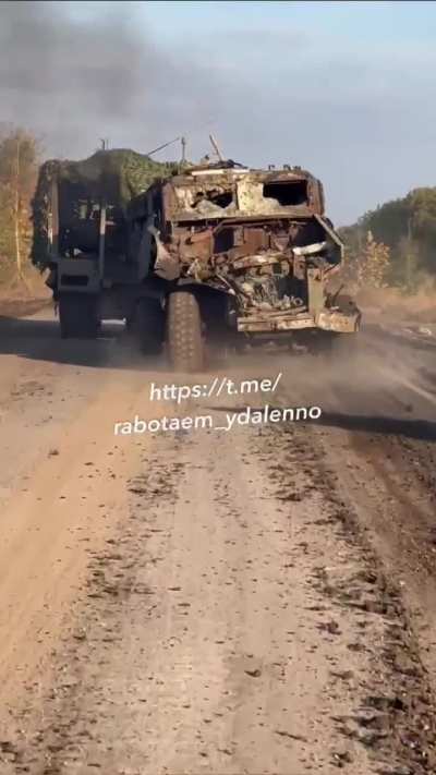 A Russian recovery team tows a destroyed Ukrainian Kirpi Armoured vehicle. Kurakhove, Donetsk Oblast - October 2024