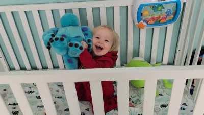 Well that backfired. Little man wouldn't nap so we took all his stuffed animals out... as it turns out, he REALLY enjoyed all the extra space. Punishment then shifted to putting the animals back.