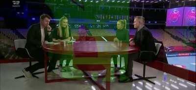 Handball player joins studio discussion via green screen (Danish TV2)