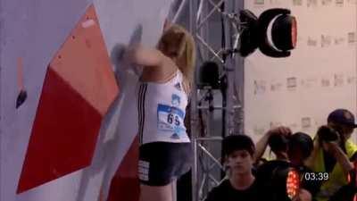 Janja Garnbret climbing the final problems at Bouldering World Cup