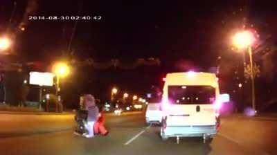 Russian road rager gets curb-stomped by Mickey Mouse, the squirrel from Ice Age, and Spongebob.