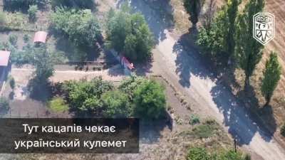 Russians hiding in a house are targeted by a fpv drone, after whicg they flee their positions only to be ambushed by small arms fire. Adam Group