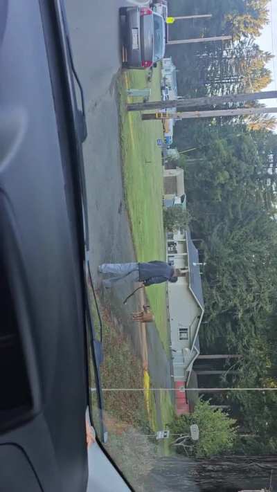 Dude freaks out about waiting infront of mail box.....grabs strick threatens to break windshield till camera starts rolling. Ps. If wasn't so aggressive I would without incident.