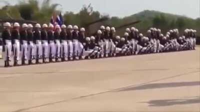 A row of soldiers with very impressive line discipline