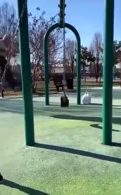 Grandpa does a flip off the swing and walks away like a boss