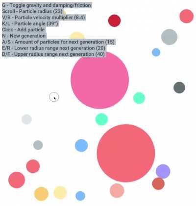 2D Particle (circle) Physics Simulation in pygame. Source code in comments.