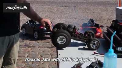 An RC car’s tire expands massively during acceleration