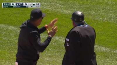 Aaron Boone is thrown out in the 1st inning by umpire Hunter Wendelstedt for saying something after replay shows Boone said literally nothing