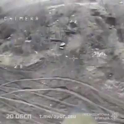 A Ukrainian drone pilot of the &quot;Hetman Bohdan Khmelnytskyi&quot; Presidential Brigade attacks a Russian Strela-10 air defense system with an FPV quad.