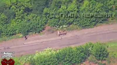 Ukrainian cluster munition hits a concentration of Russian troops in Zaporizhzhia Oblast. A casualty is observed being carried away afterwards.