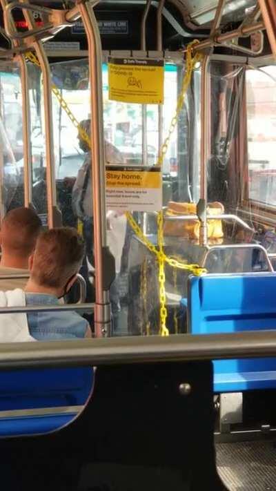 Racist man breaks through MTA Bus barrier to confront Asian operator about the volume of the bus radio. I've submitted a complaint to the MTA website with this video in an attempt to ID the man. This was on the Q67 on 06/30/2020.