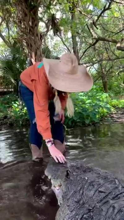 Chunky alligator and a lunatic lady. Adorable relationship or future tragedy?