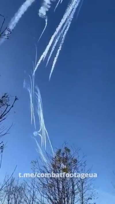 A pair of Ukrainian Su-25 attack aircraft fires unguided missiles at Russian positions. Zaporizhzhia region. Autumn 2023.