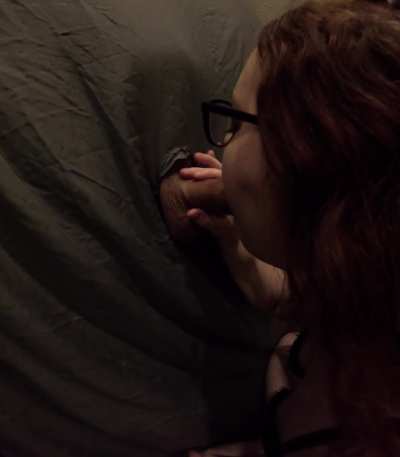 Worshipping hubby’s cock thru our homemade gloryhole ot2