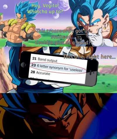 Gogeta helps Vegito with a crossword puzzle