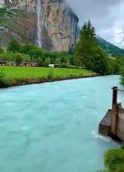 This icy blue water in Lauterbrunnen, Switzerland