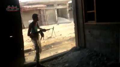 FSA fighters take turns firing at Syrian Army positions using a variety of LMGs &amp;amp; rifles - Deir ez-Zor - 8/13/2013