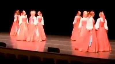 Berezka (Берёзка) is a Russian dance where they move with such short steps that they appear to be floating.