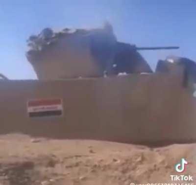 Iraqi Gunner turret gets hit several time by accurate IS fire. Date/ location are unknown.