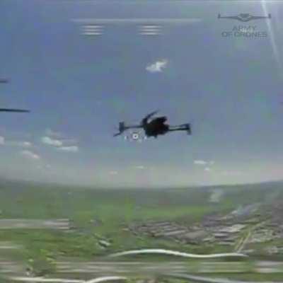 One of the first recorded hits by a Ukrainian FPV-drone on an enemy reconnaissance drone.