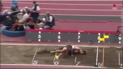 Belgium's Thomas Van der Plaetsen crashes in decathlon long jump.