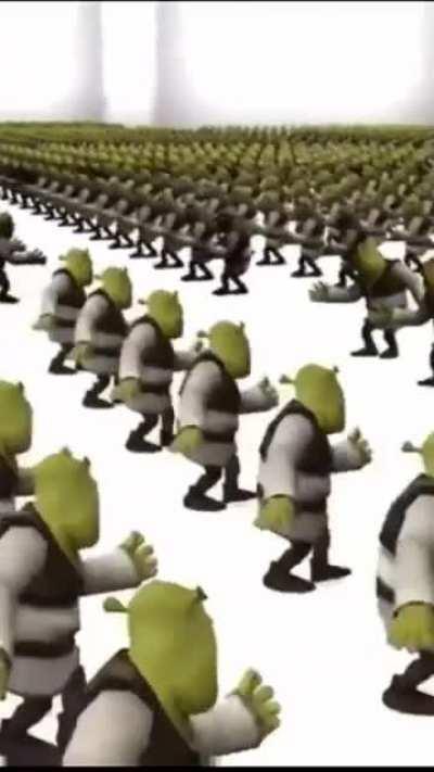 an army of Shrek dancing to shreksophone 